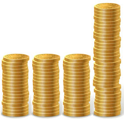 Raising stacks of golden coins isolated on white background.