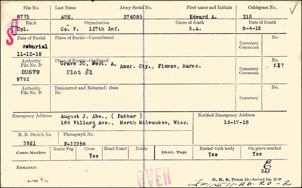 WWI burial card