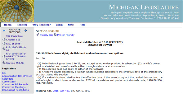 Michigan abolishes dower 2017